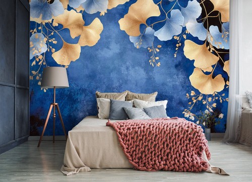 Fototapete ginkgo blau - ginkgo, gold